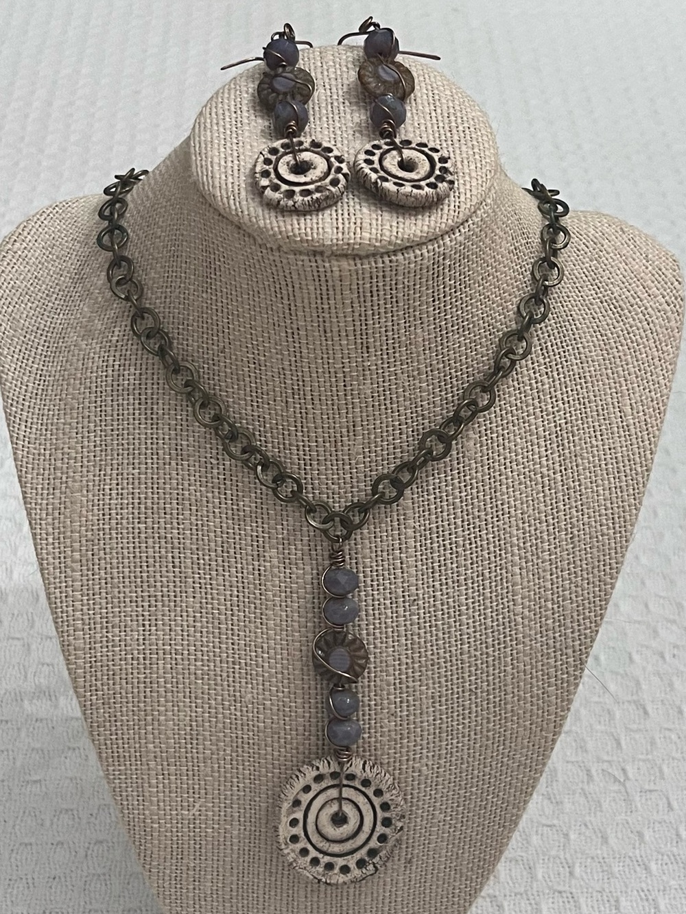 Handmade Rustic Ceramic Disc Necklace & Earrings Set